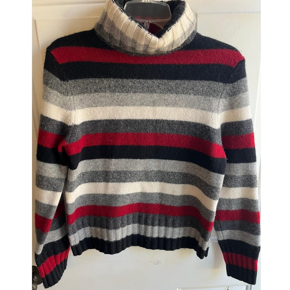 VTG Y2K 2002 Women's Chunky Knit 100% Lambswool Striped Turtleneck Sweater Large - Picture 2 of 6